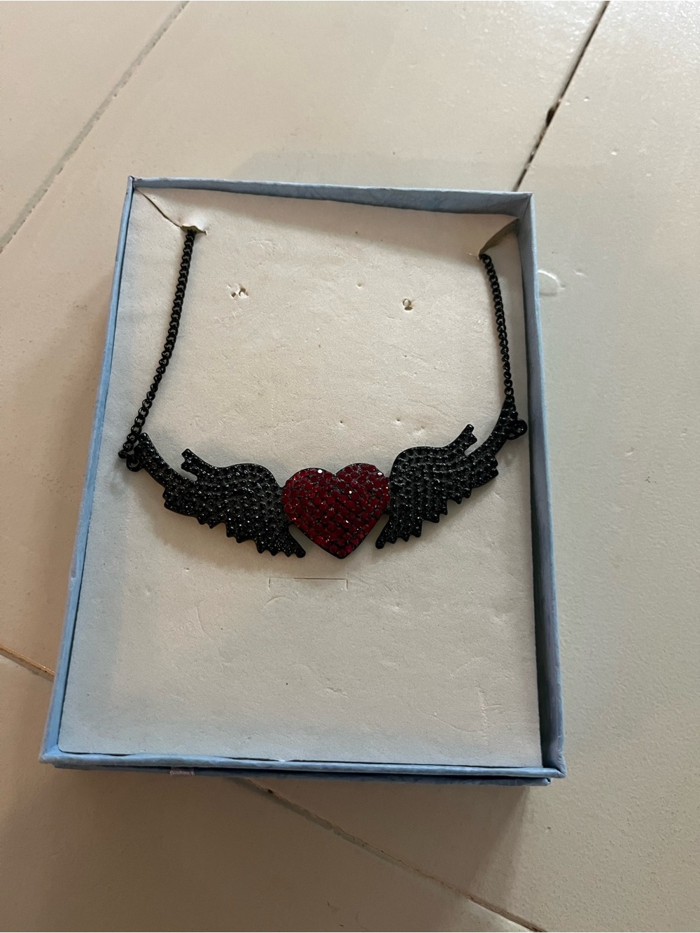Gothic Black Winged Heart Necklace with Red Crystal Heart